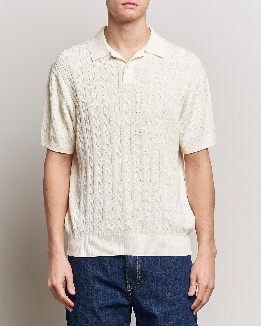 Mies | Preppy Authentic | BEAMS PLUS | Cable Knit Short Sleeve Polo Off White