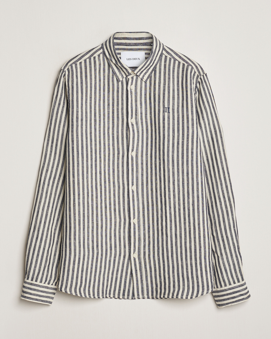 Mies | Kauluspaidat | LES DEUX | Kristian Striped Linen Button Down Shirt Ivory/Navy