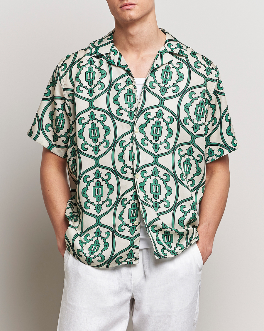 Mies | Kauluspaidat | LES DEUX | Ornament Print Tencel Shirt Ivory/Green