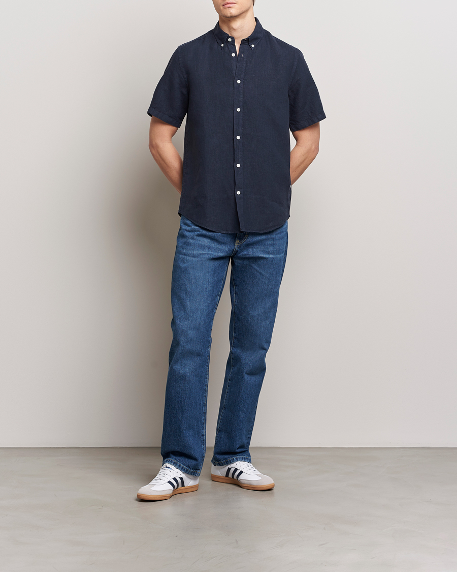 Mies | Kauluspaidat | NN07 | Arne Linen Short Sleeve Shirt Navy Blue
