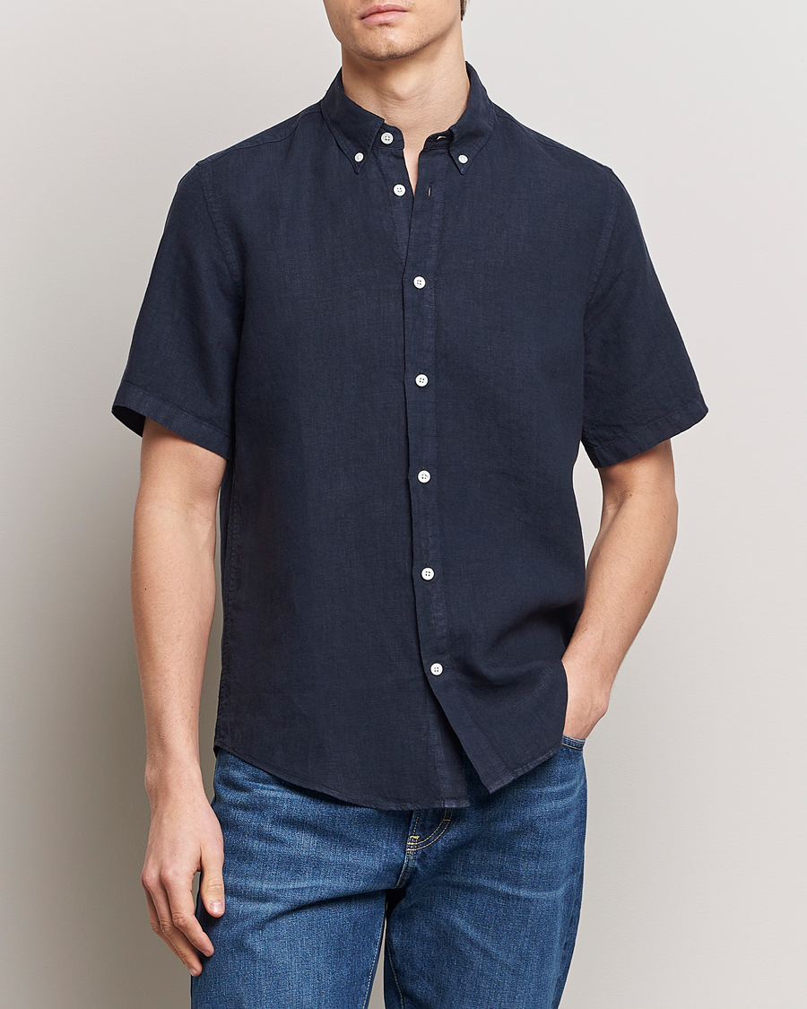 Mies |  | NN07 | Arne Linen Short Sleeve Shirt Navy Blue