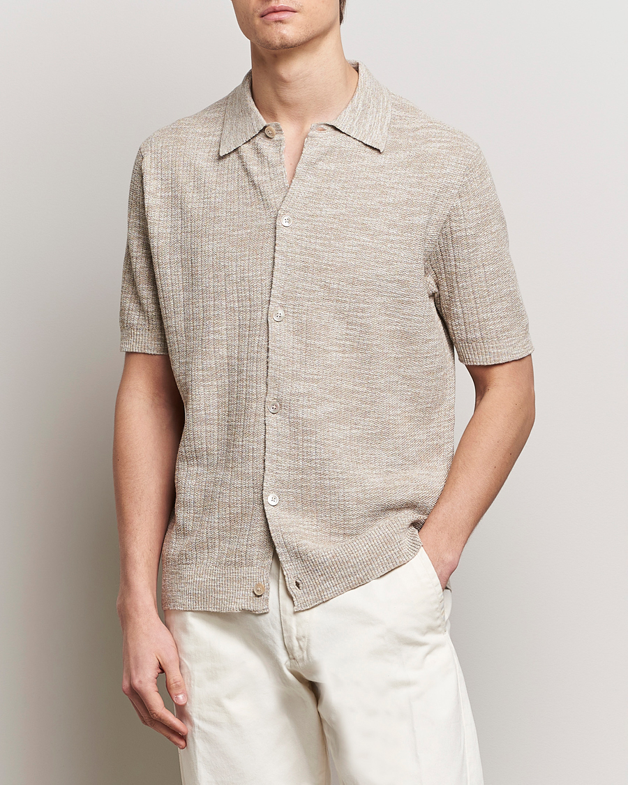 Mies | Rennot | NN07 | Nolan Knitted Shirt Sleeve Shirt Greige Melange
