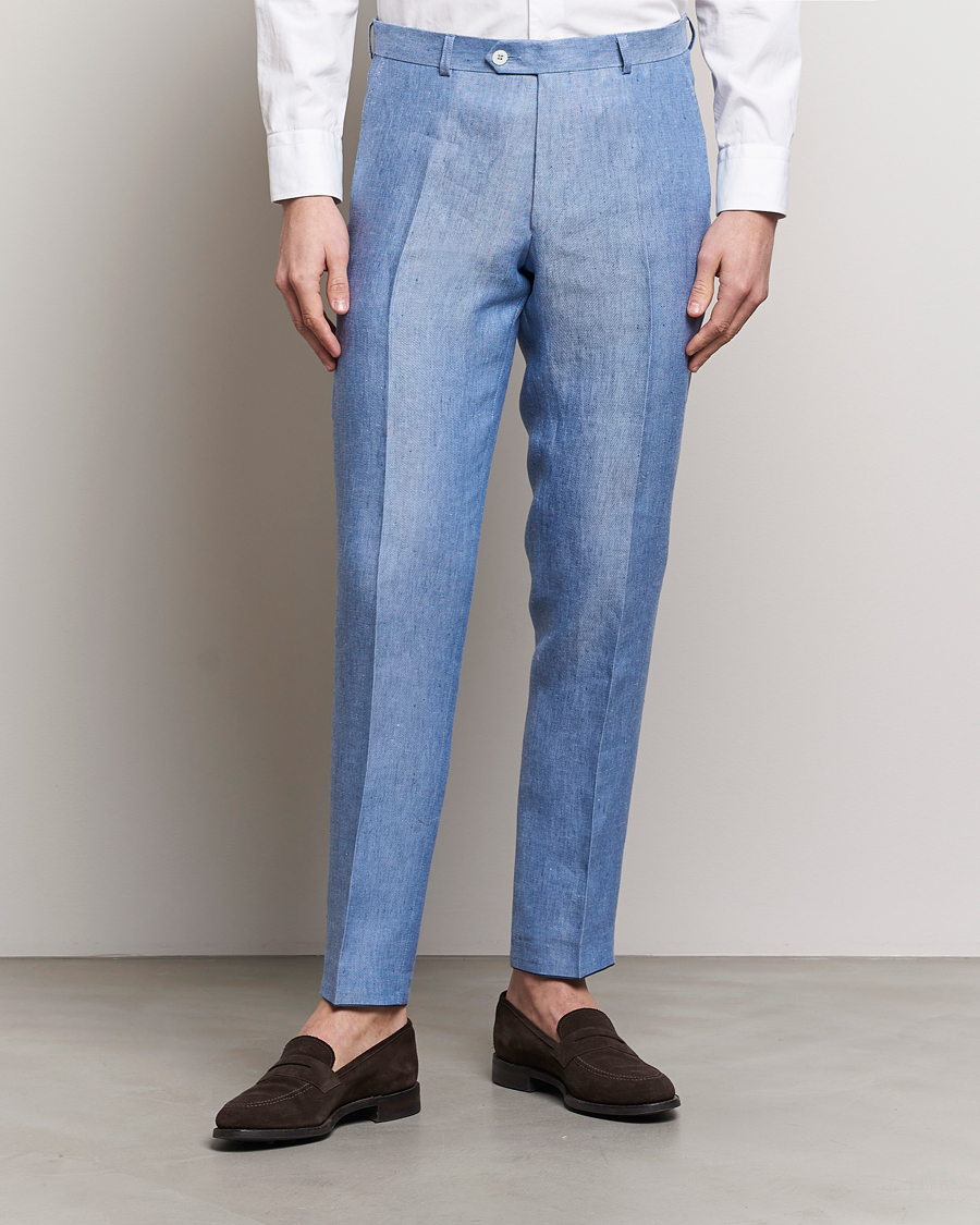 Mies | Suorat housut | Oscar Jacobson | Denz Linen Trousers Smog Blue