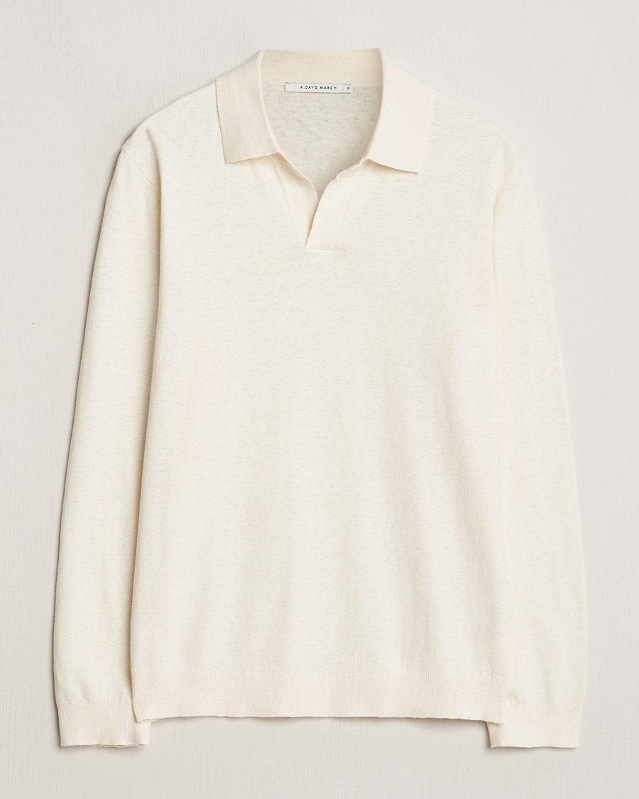 Mies | Puserot | A Day's March | Manol Cotton Linen Polo Off White
