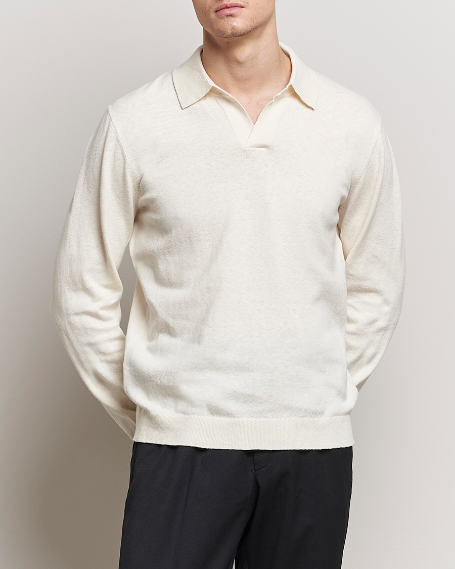 Mies | Puserot | A Day's March | Manol Cotton Linen Polo Off White