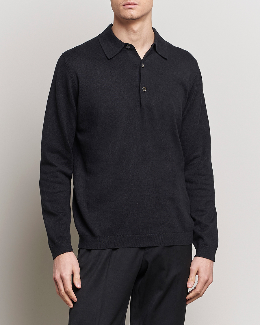 Mies | Puserot | A Day's March | Ambroz Cotton/Linen Polo Black
