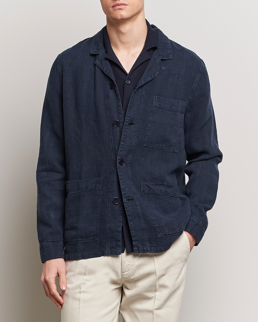 Mies | Overshirts | A Day's March | Bangher Linen Overshirt Navy
