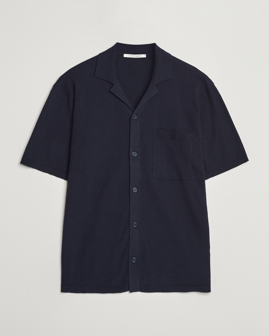 Mies | Kauluspaidat | A Day's March | Yamu Knitted Herringbone Shirt Navy