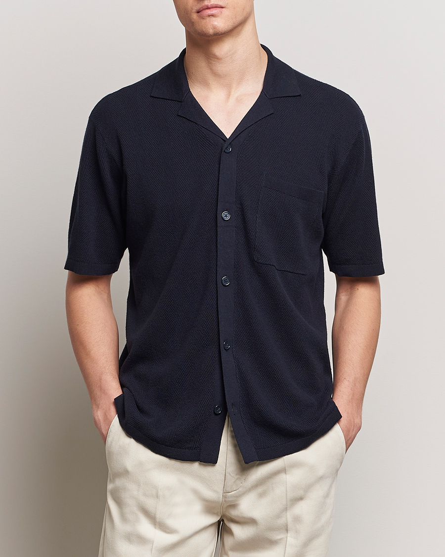 Mies | Kauluspaidat | A Day's March | Yamu Knitted Herringbone Shirt Navy