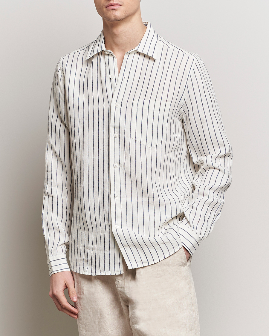 Mies |  | A Day's March | Abu Striped Linen Shirt White/Navy