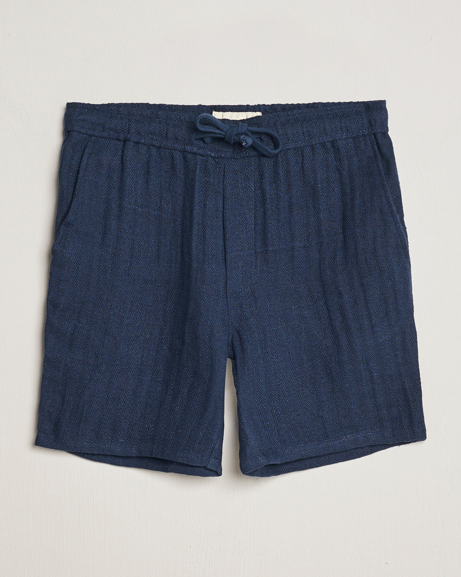 Mies | Shortsit | A Day's March | Ipu Herringbone Linen Drawstring Shorts Indigo Blue