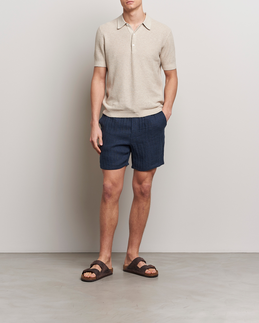 Mies | Shortsit | A Day's March | Ipu Herringbone Linen Drawstring Shorts Indigo Blue
