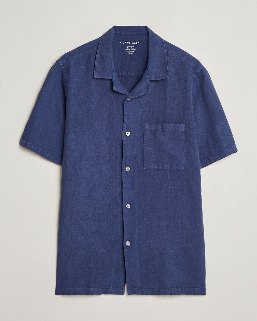 Mies | Kauluspaidat | A Day's March | Yamu Short Sleeve Linen Shirt Brewers Blue