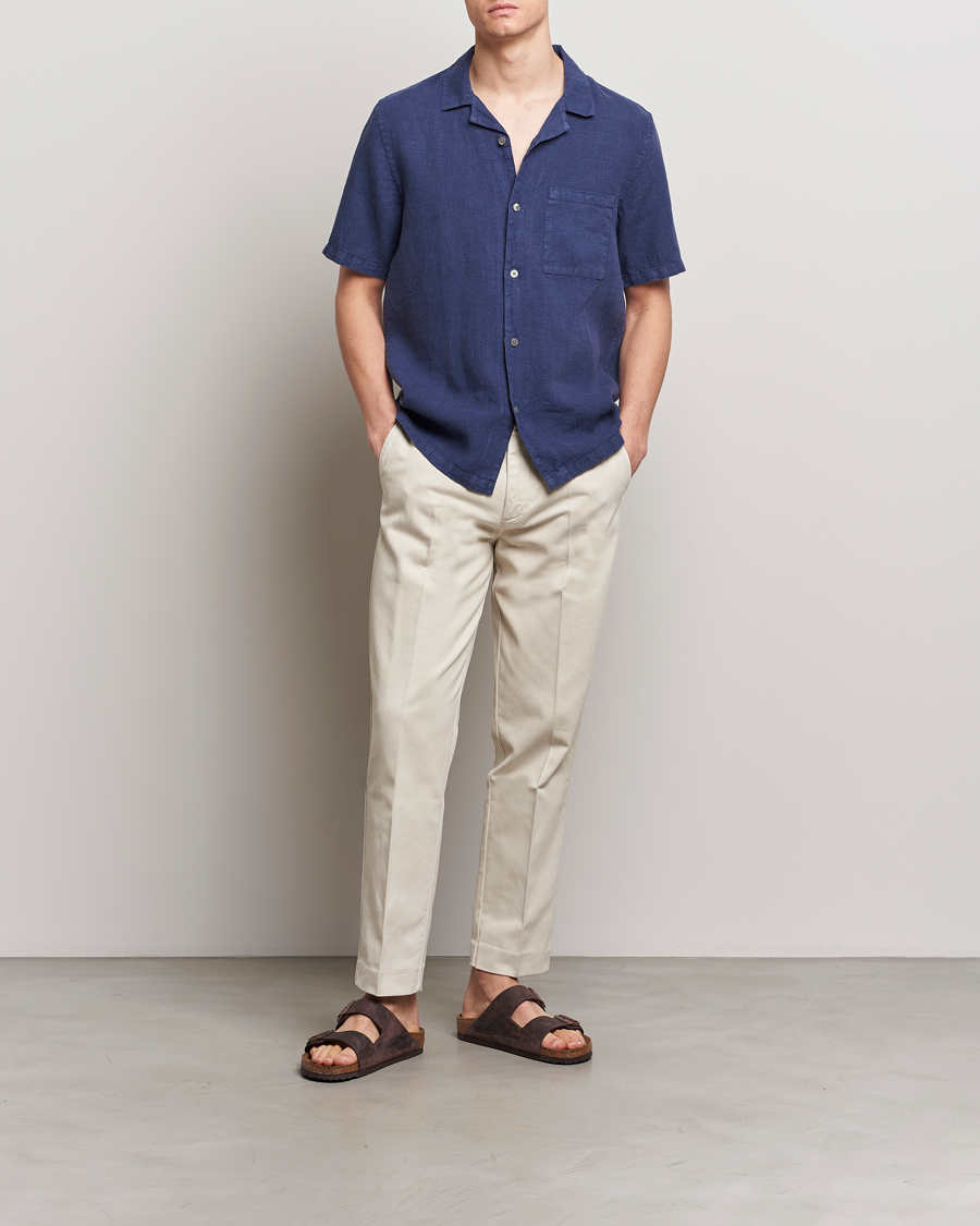 Mies | Kauluspaidat | A Day's March | Yamu Short Sleeve Linen Shirt Brewers Blue