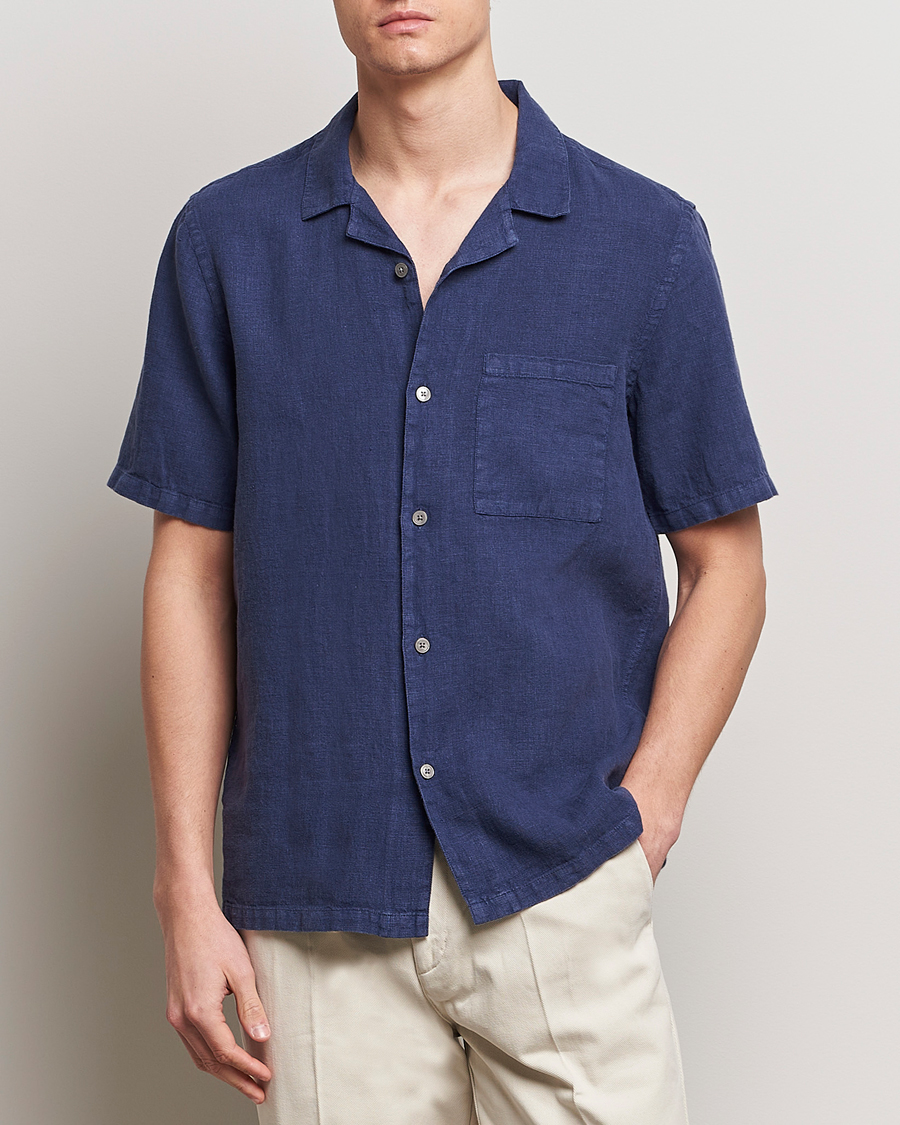 Mies | Kauluspaidat | A Day's March | Yamu Short Sleeve Linen Shirt Brewers Blue