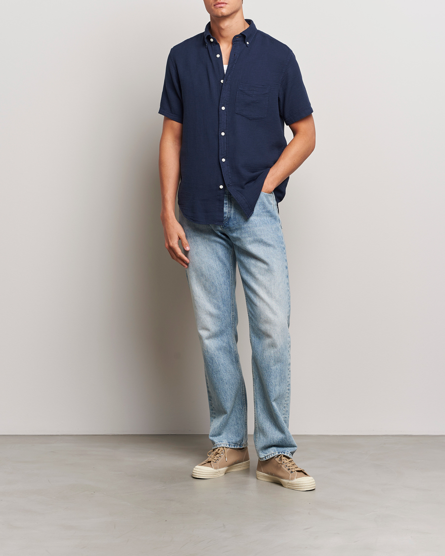 Mies | Kauluspaidat | Gant | Cotton/Linen Texture Short Sleeve Shirt Evening Blue