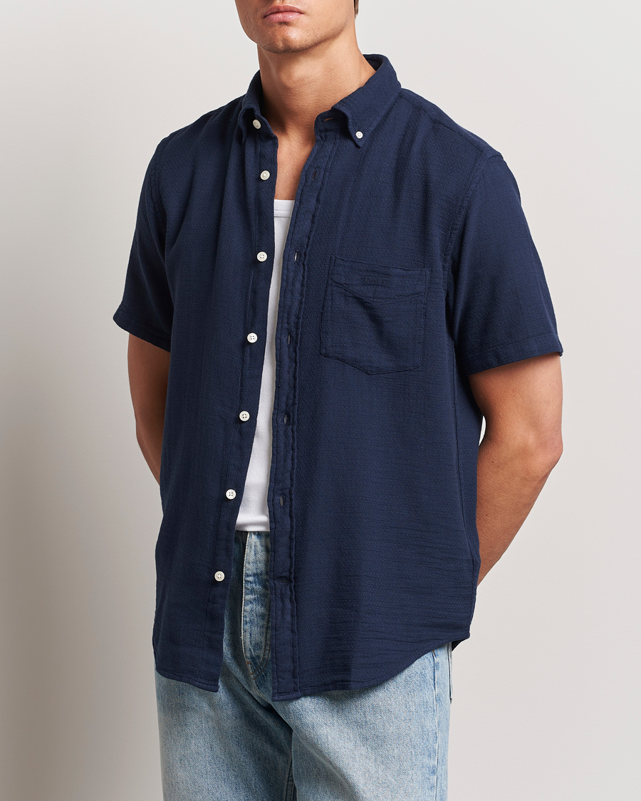 Mies |  | GANT | Cotton/Linen Texture Short Sleeve Shirt Evening Blue