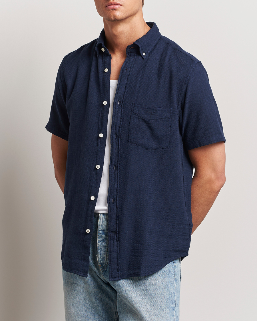 Mies | Kauluspaidat | Gant | Cotton/Linen Texture Short Sleeve Shirt Evening Blue