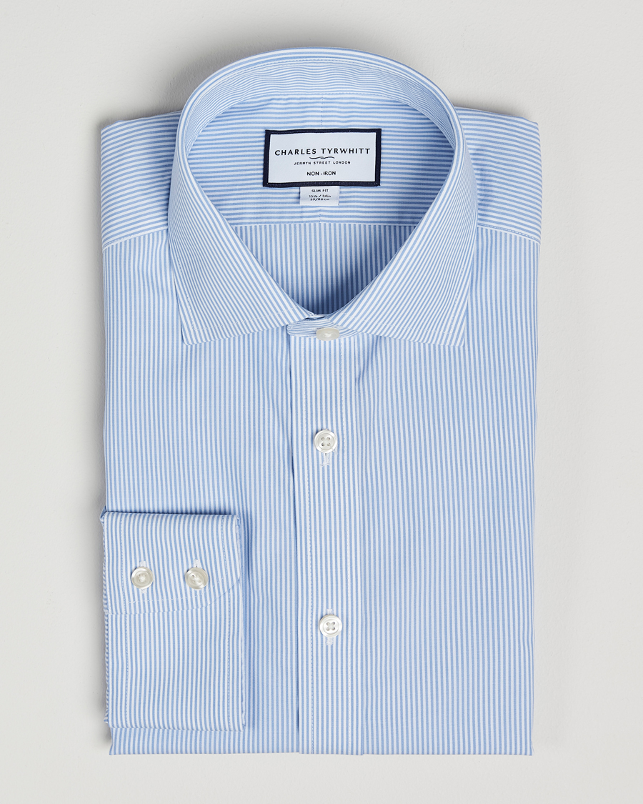 Mies | Kauluspaidat | Charles Tyrwhitt | Slim Fit Non Iron Bengal Stripe Poplin Shirt Sky Blue