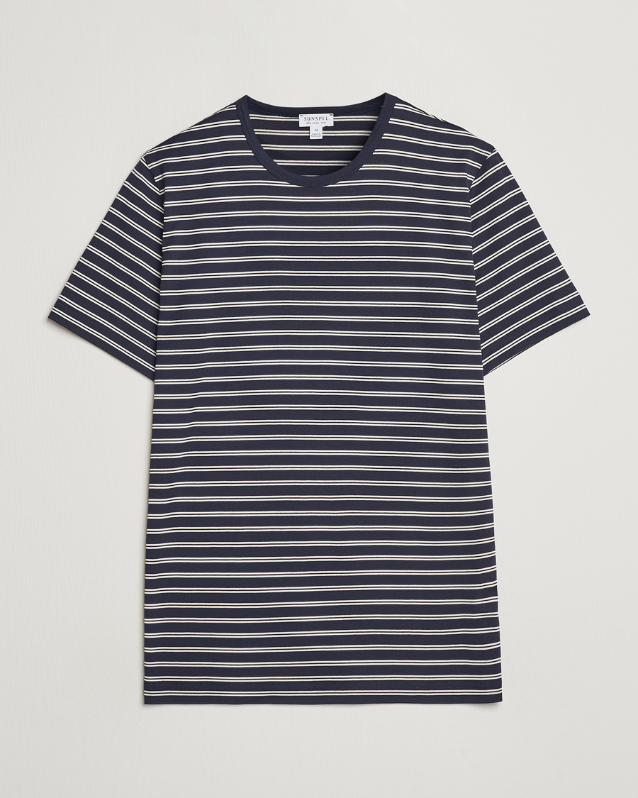 Mies | T-paidat | Sunspel | Striped Crew Neck Cotton Tee Navy/Ecru