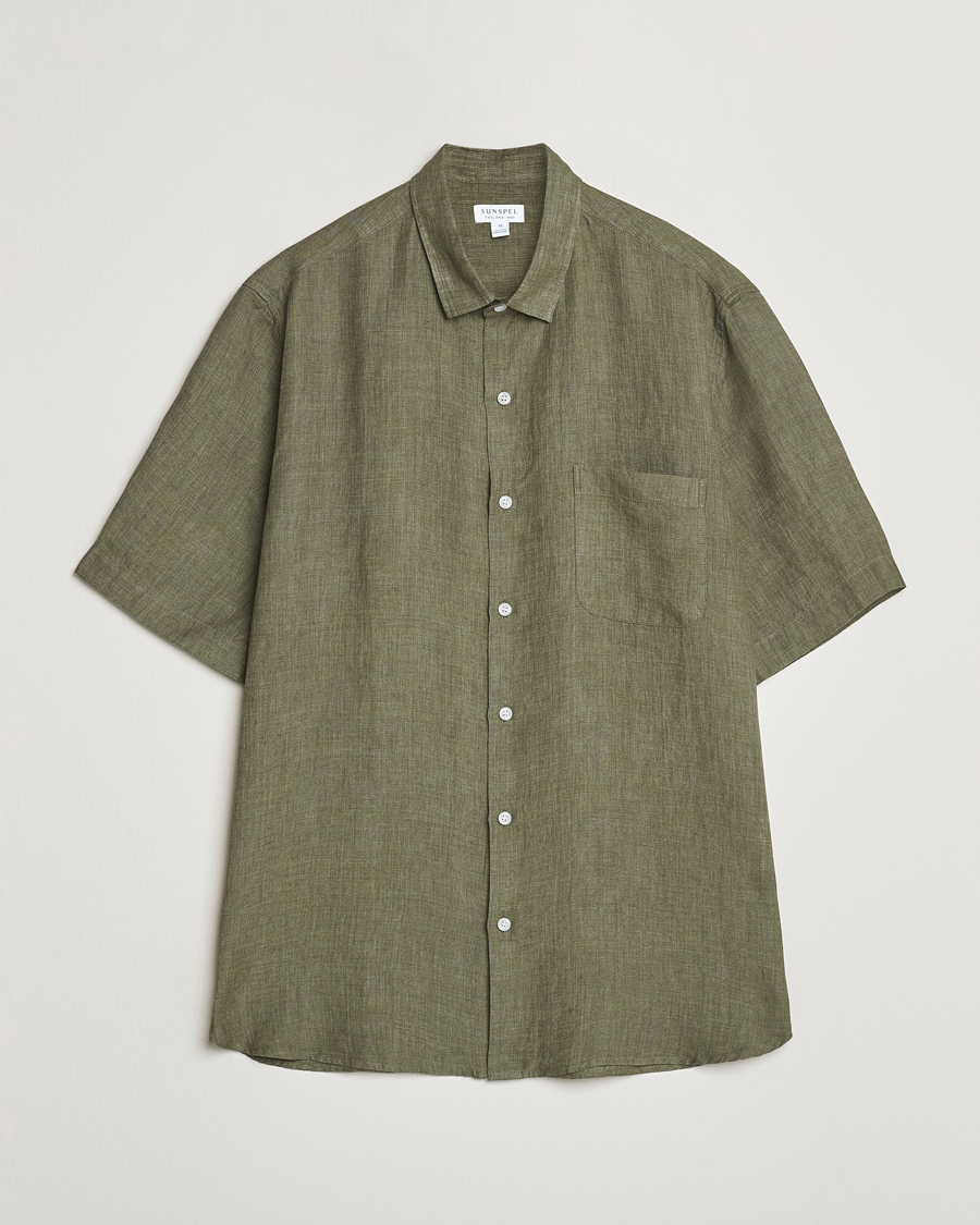 Mies | Kauluspaidat | Sunspel | Short Sleeved Linen Shirt Khaki