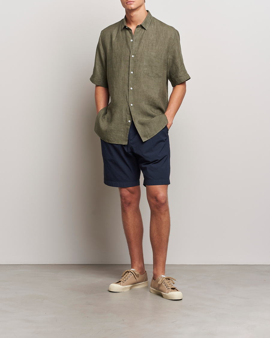 Mies | Kauluspaidat | Sunspel | Short Sleeved Linen Shirt Khaki