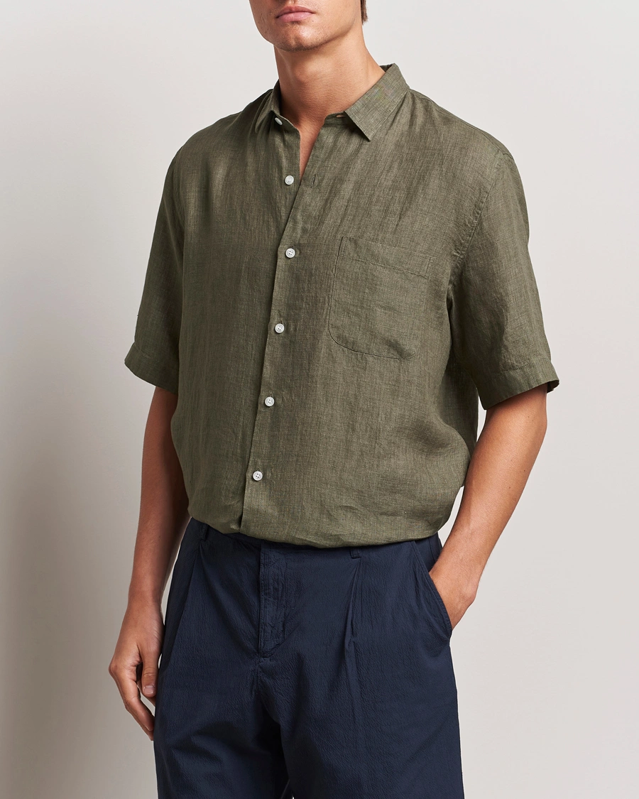 Mies |  | Sunspel | Short Sleeved Linen Shirt Khaki