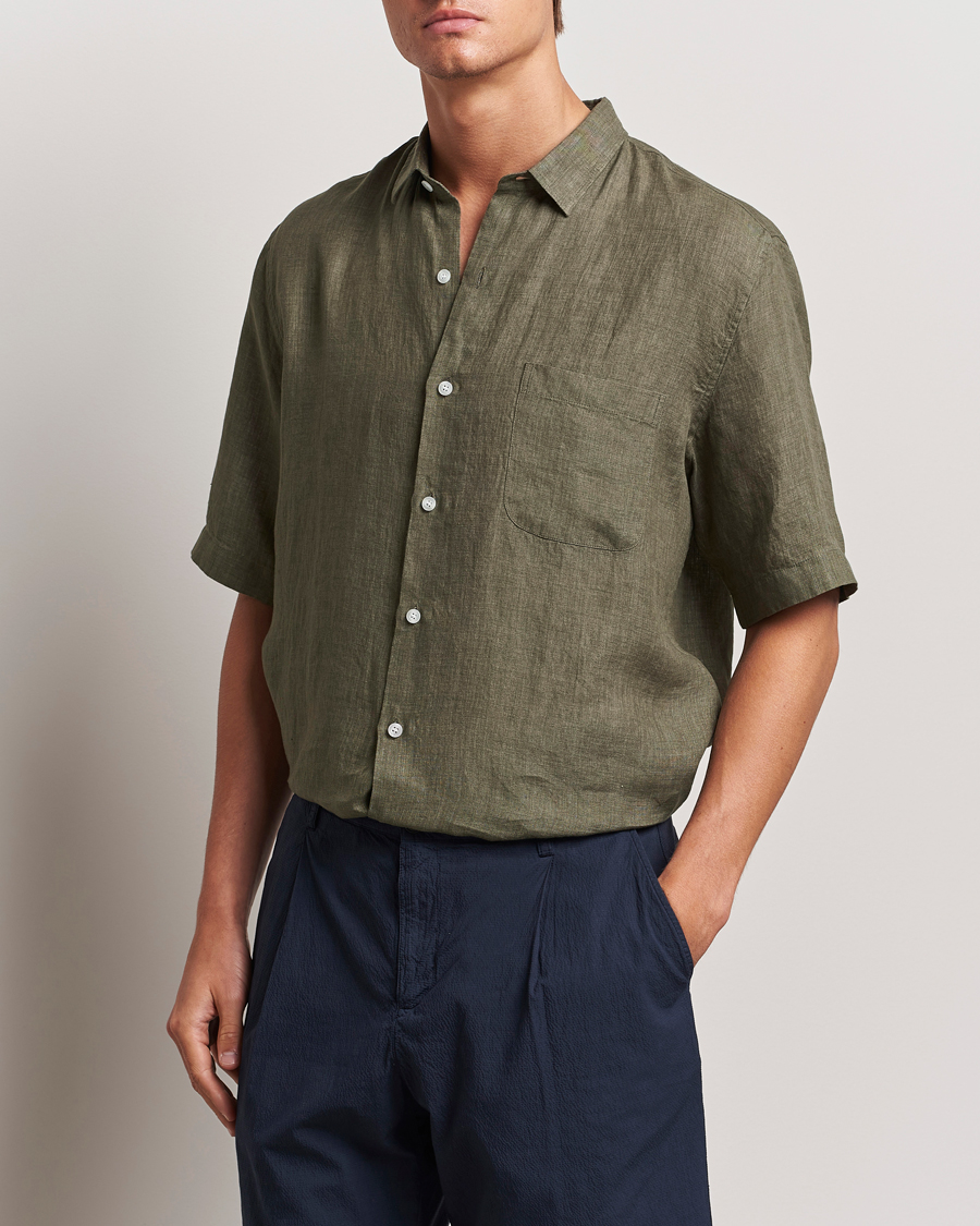 Mies | Kauluspaidat | Sunspel | Short Sleeved Linen Shirt Khaki