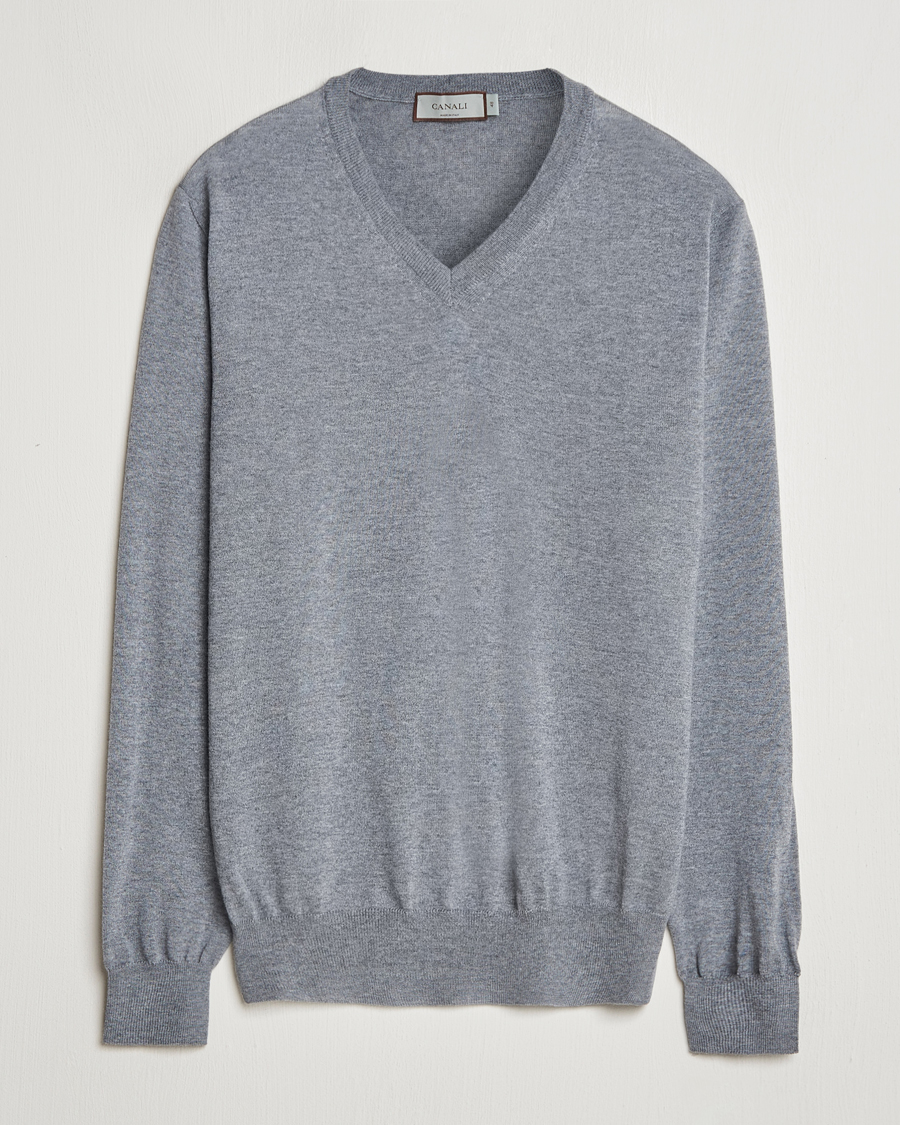 Mies | Puserot | Canali | Merino Wool V-Neck Light Grey