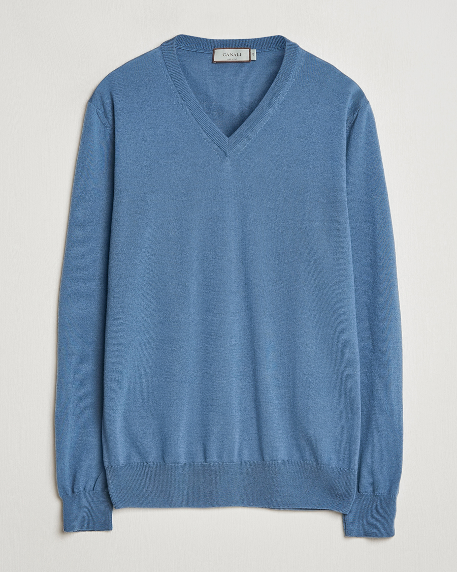 Mies | Puserot | Canali | Merino Wool V-Neck Light Blue