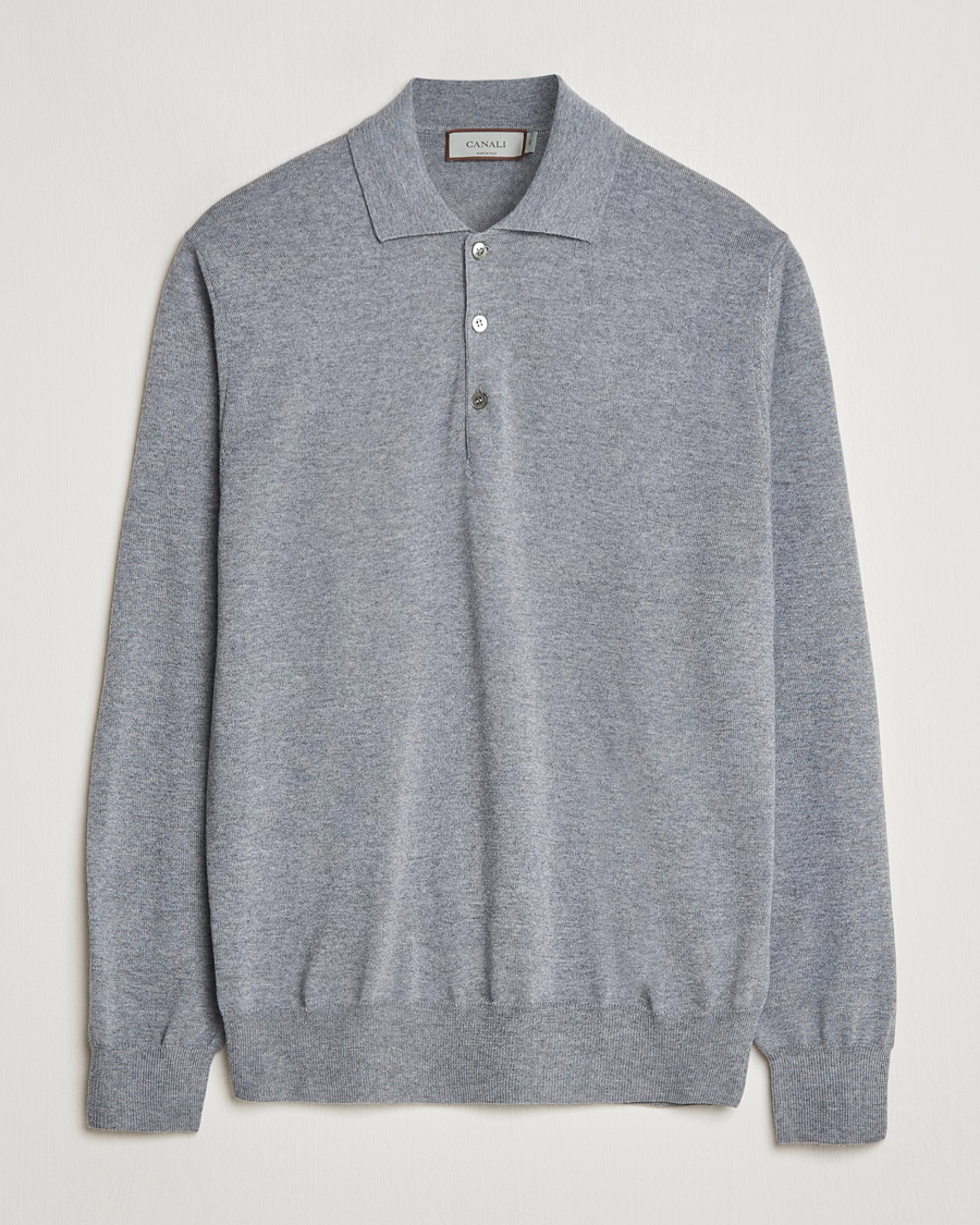 Mies | Puserot | Canali | Merino Wool Knitted Polo Light Grey