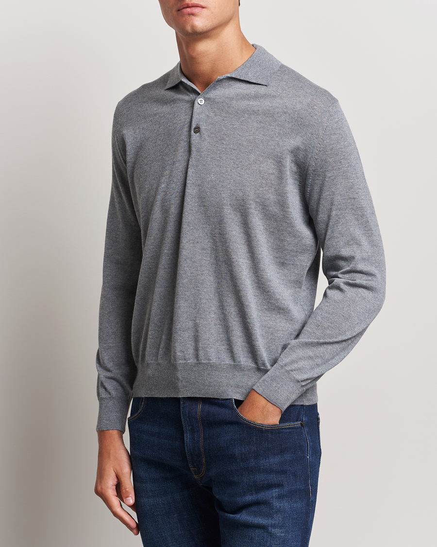 Mies | Puserot | Canali | Merino Wool Knitted Polo Light Grey