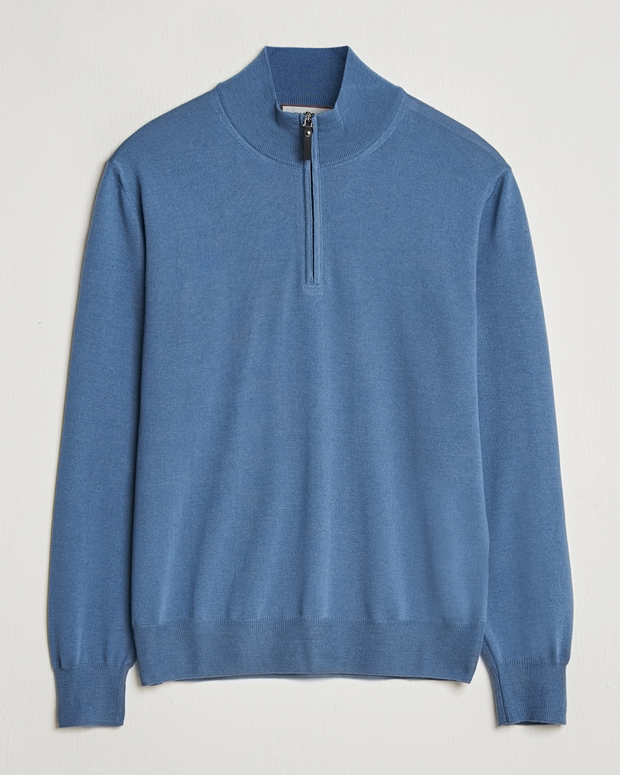 Mies | Puserot | Canali | Merino Wool Half Zip Light Blue