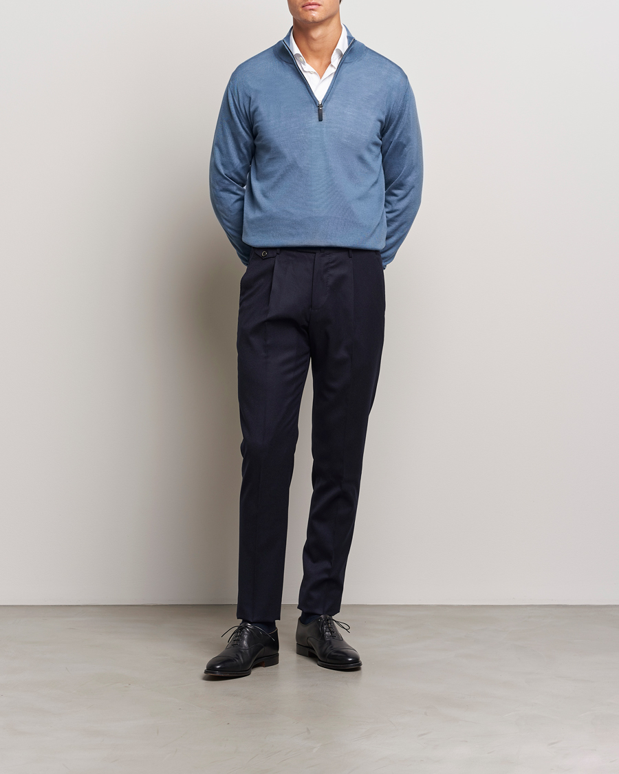 Mies | Puserot | Canali | Merino Wool Half Zip Light Blue