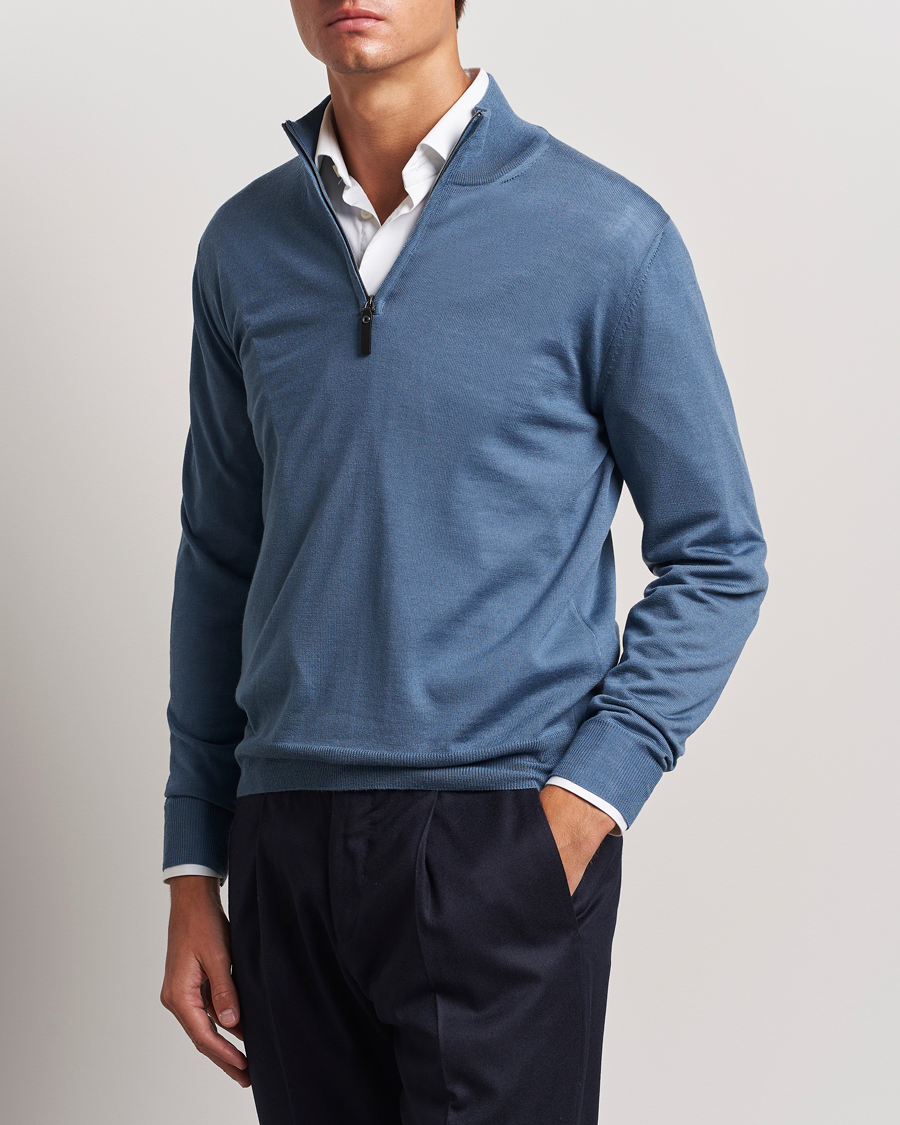 Mies | Puserot | Canali | Merino Wool Half Zip Light Blue