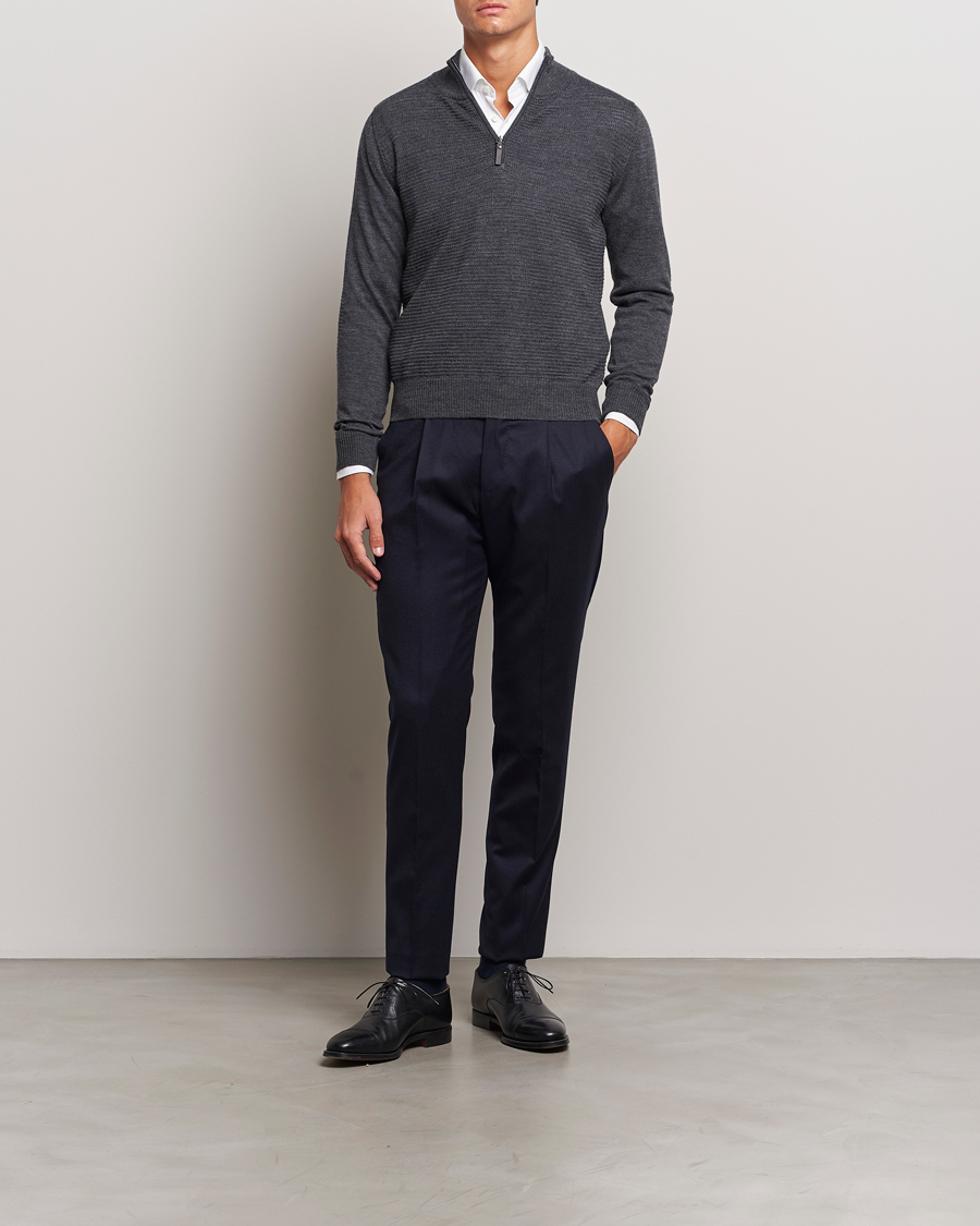 Mies | Puserot | Canali | Textured Knit Half Zip Charcoal