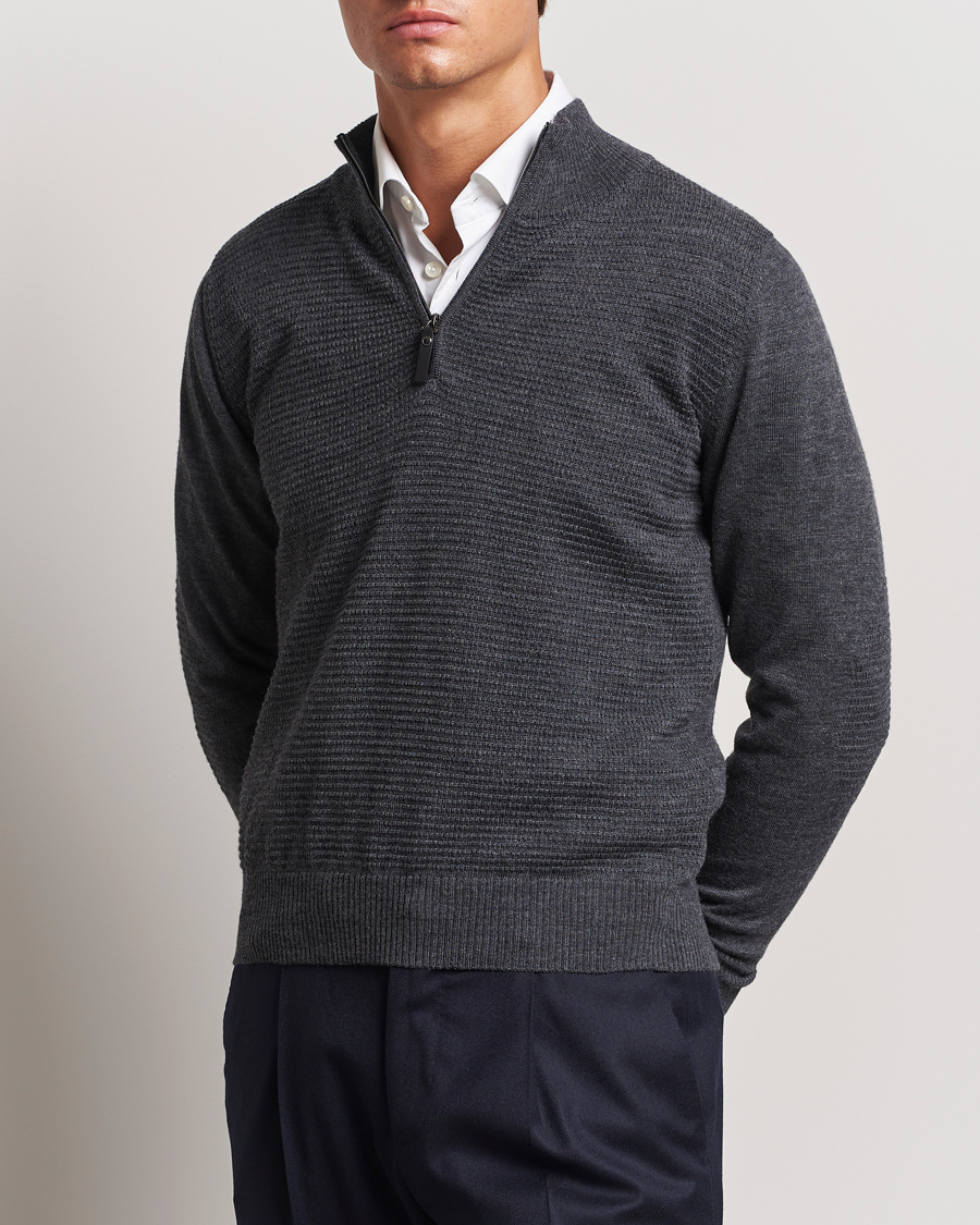 Mies | Puserot | Canali | Textured Knit Half Zip Charcoal