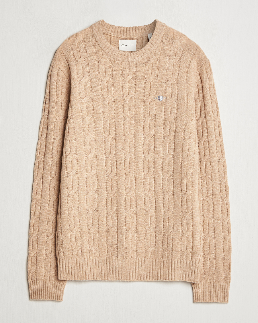 Mies | Puserot | GANT | Lambswool Cable C-Neck Khaki Melange