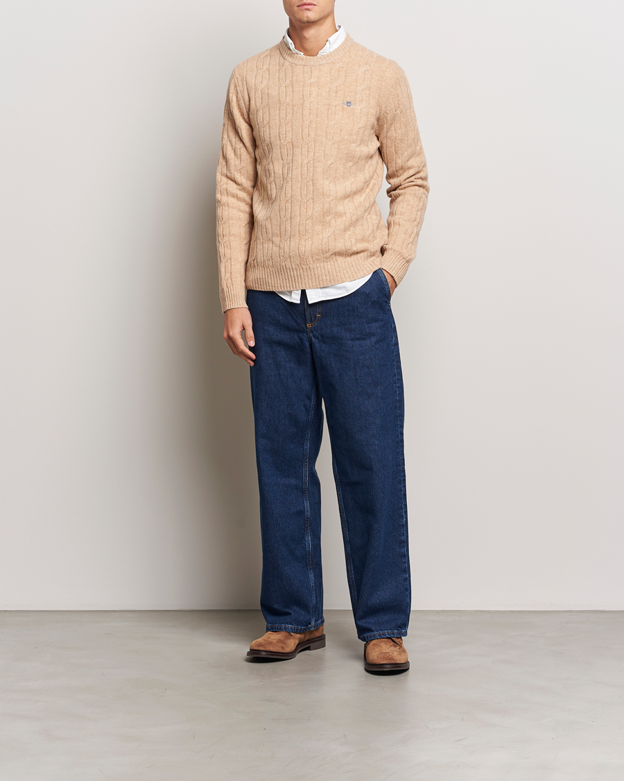 Mies | Puserot | GANT | Lambswool Cable C-Neck Khaki Melange