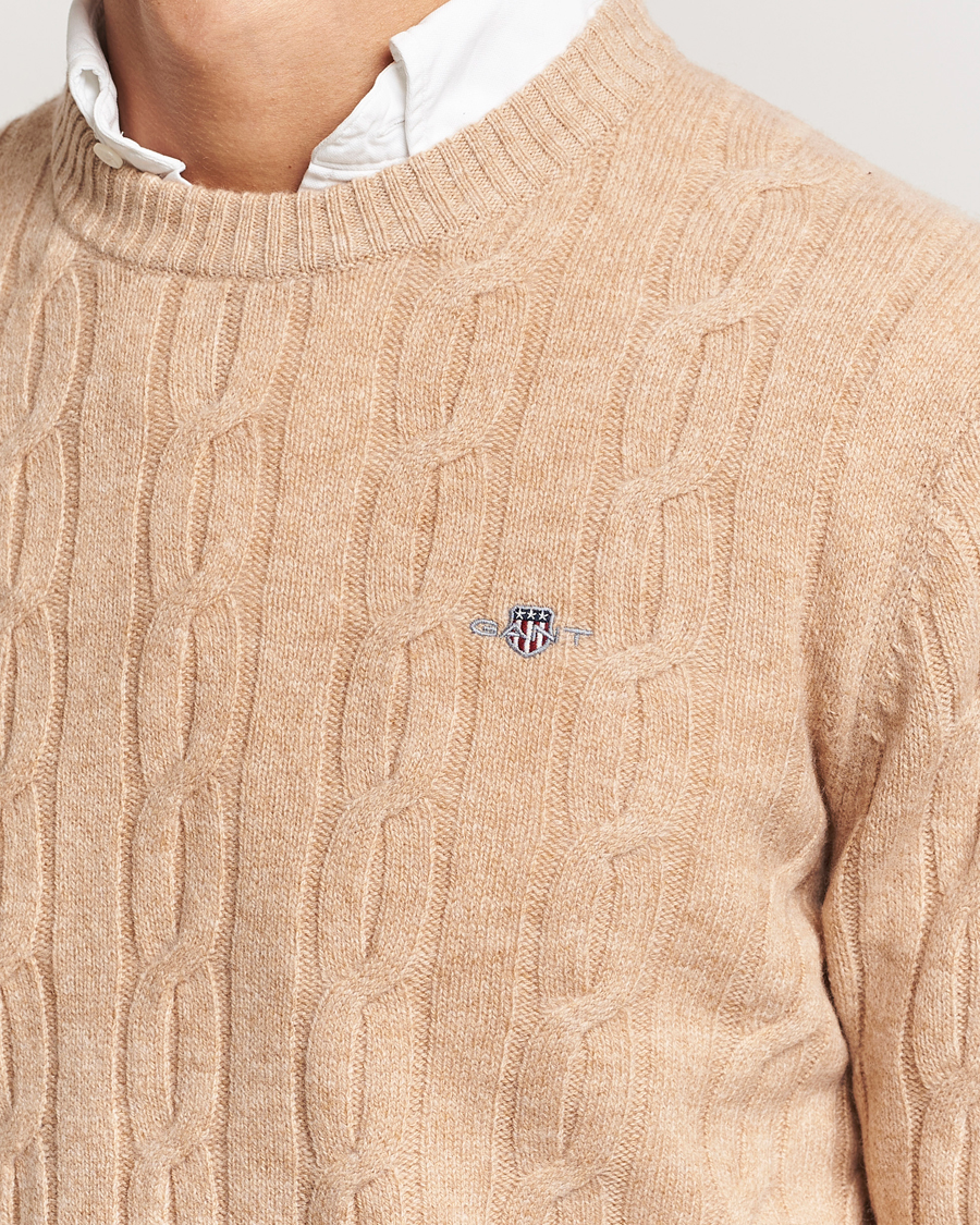 Mies | Puserot | GANT | Lambswool Cable C-Neck Khaki Melange