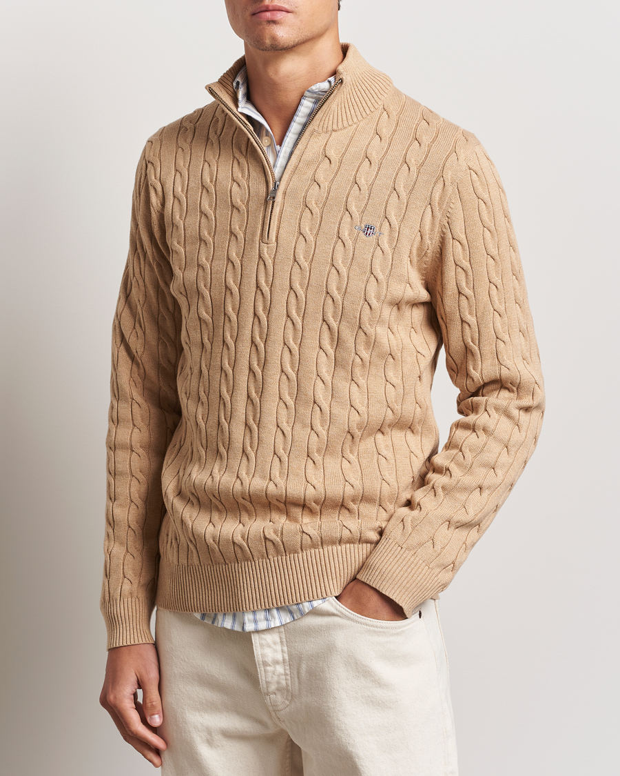 Mies | Puserot | GANT | Cotton Cable Half Zip Khaki Melange