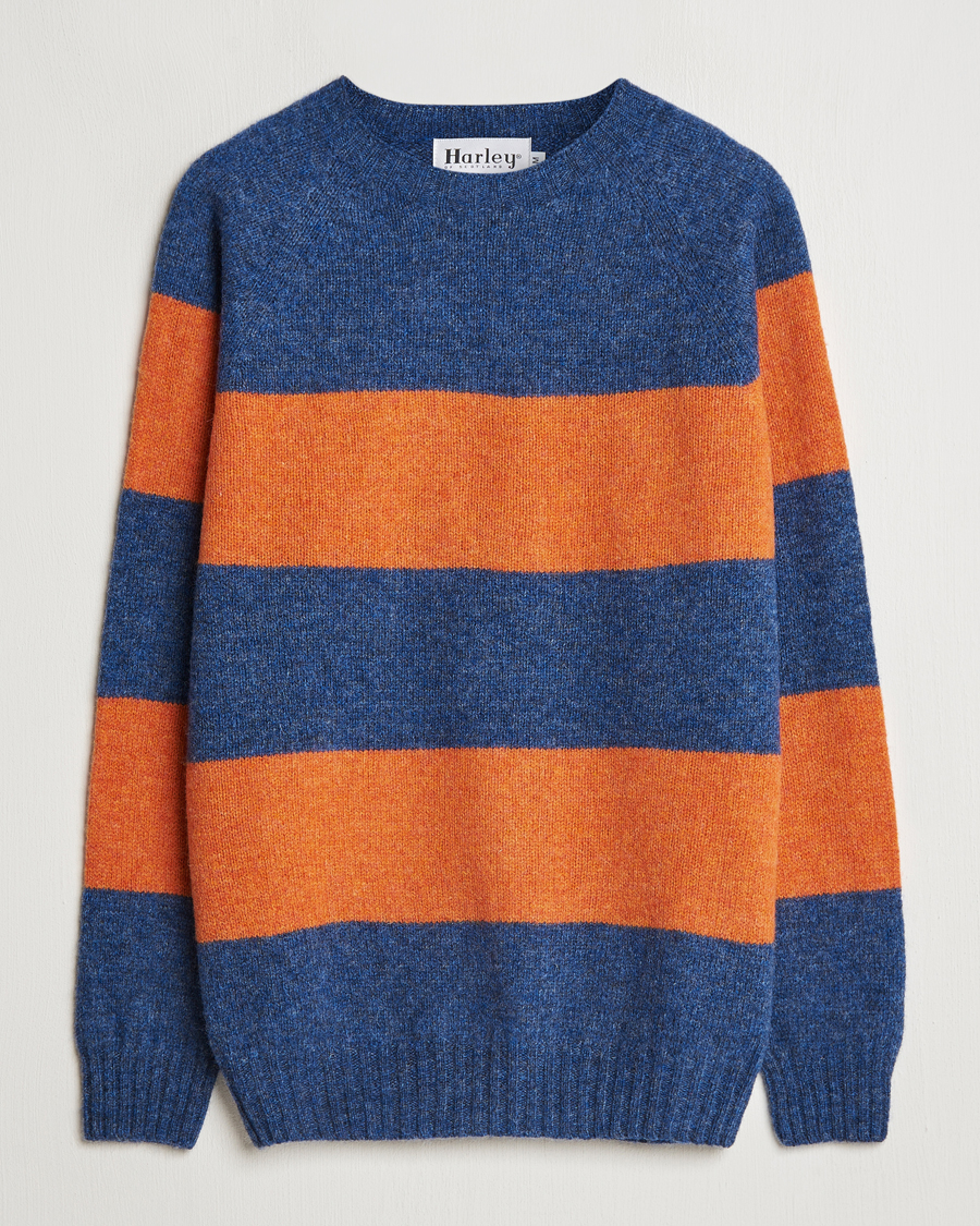 Mies | Puserot | Harley Of Scotland | Block Stripe Lambswool Crewneck Blue/Orange