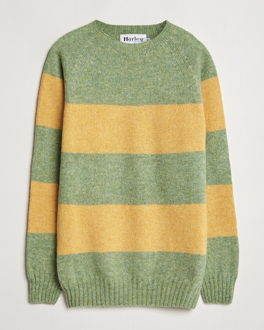 Mies | Puserot | Harley Of Scotland | Block Stripe Lambswool Crewneck Yellow/Green