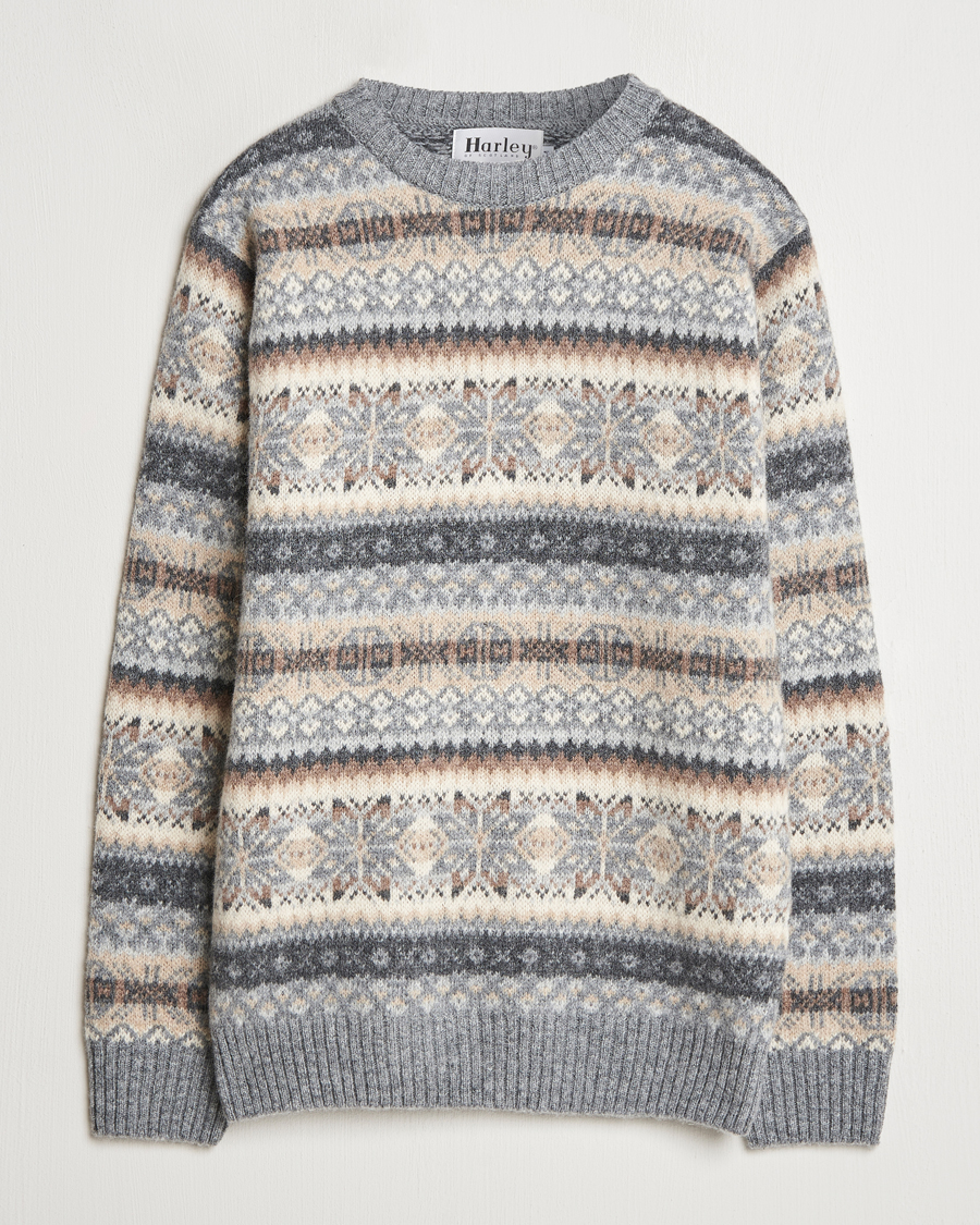 Mies | Puserot | Harley Of Scotland | Supersoft Lambswool Fairisle Crewneck Grey