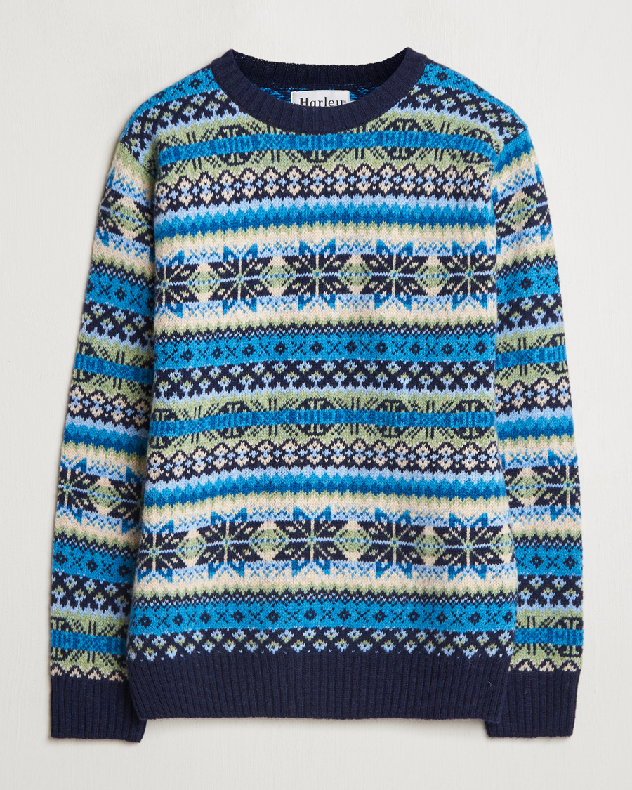 Mies | Puserot | Harley Of Scotland | Supersoft Lambswool Fairisle Crewneck Navy