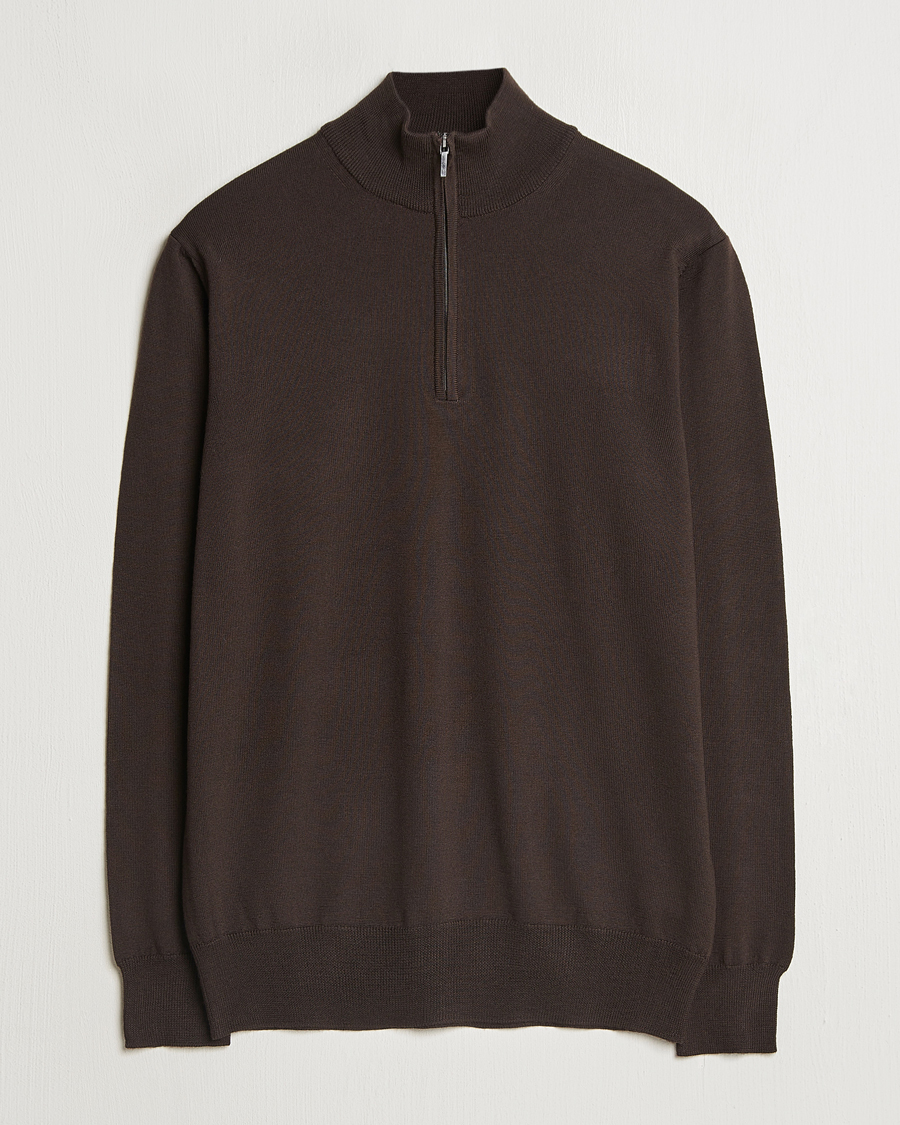 Mies | Puserot | Morgano | Extra Fine Merino Wool Half-Zip Dark Brown