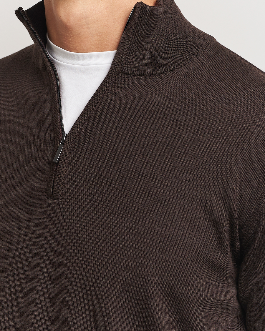 Mies | Puserot | Morgano | Extra Fine Merino Wool Half-Zip Dark Brown