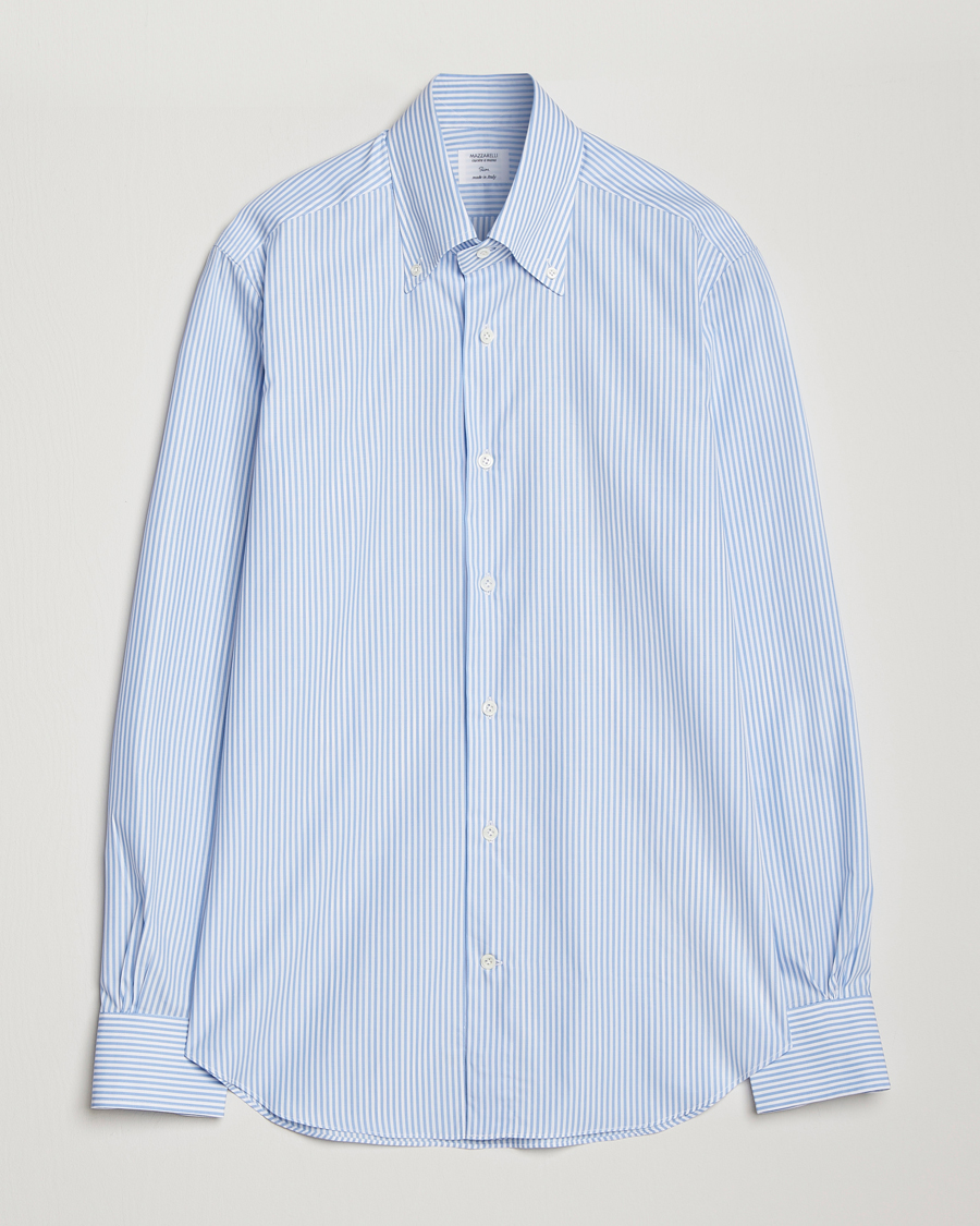 Mies | Kauluspaidat | Mazzarelli | Soft Cotton Striped Button Down Shirt Light Blue