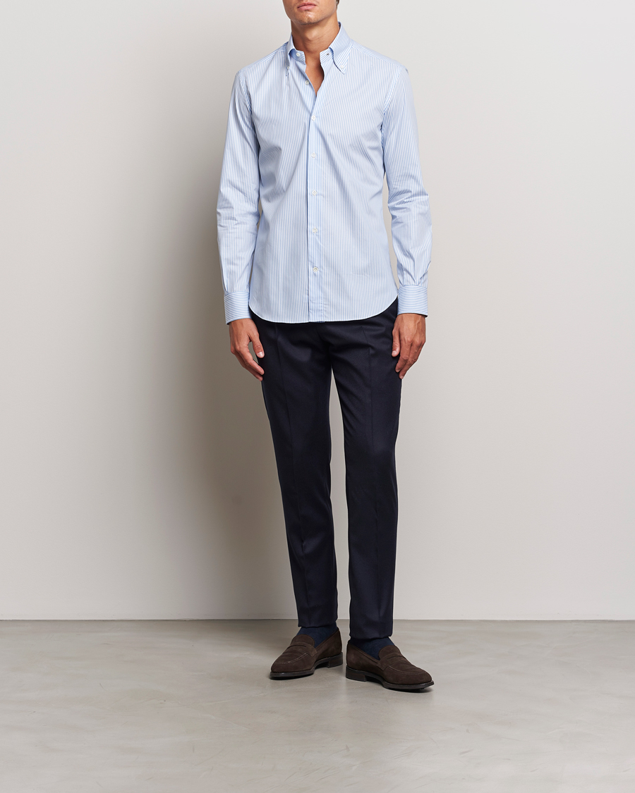 Mies | Kauluspaidat | Mazzarelli | Soft Cotton Striped Button Down Shirt Light Blue