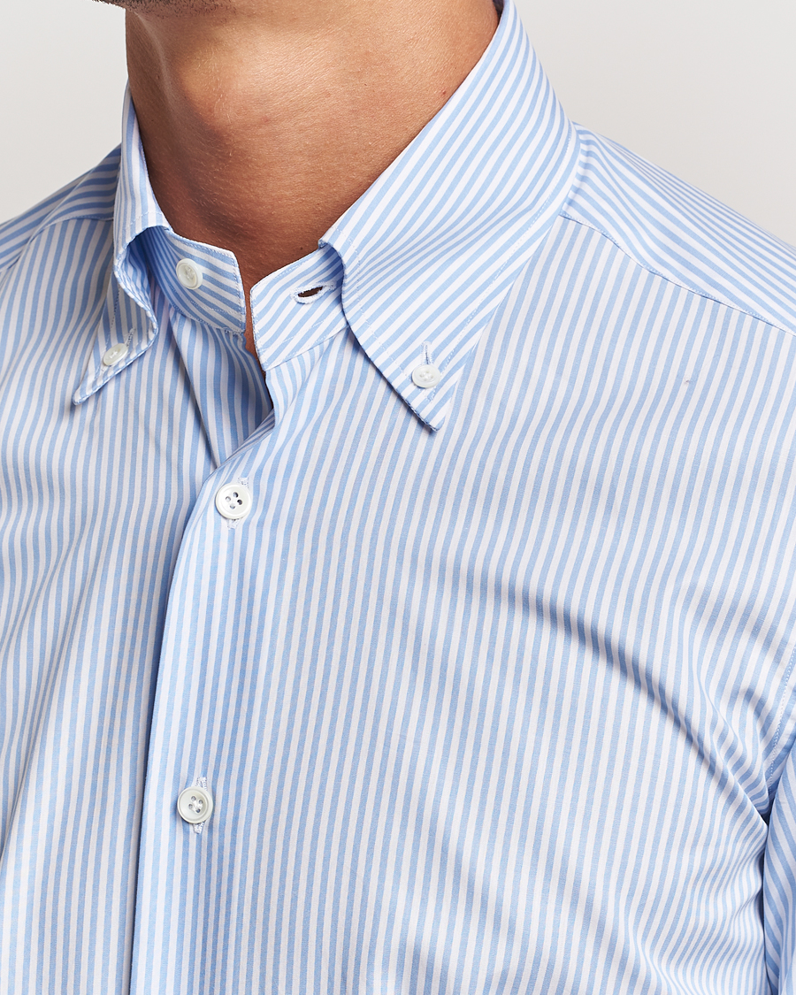 Mies | Kauluspaidat | Mazzarelli | Soft Cotton Striped Button Down Shirt Light Blue
